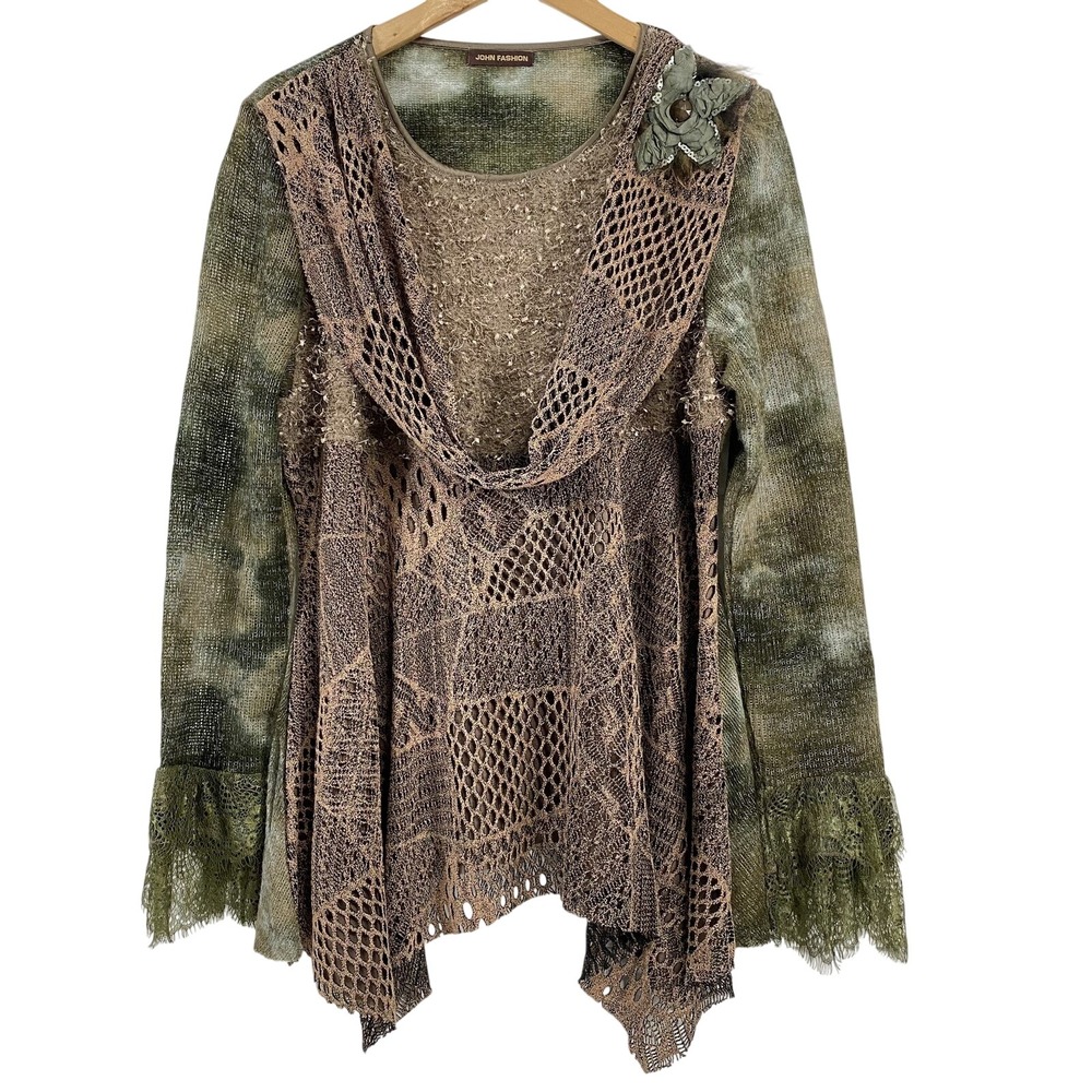 John Fashion Womens Ruffle Lace Sweater sz L Green‎ Lagenlook Artsy Goblincore